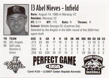 2007 Perfect Game Cedar Rapids Kernels #18 Abel Nieves Back