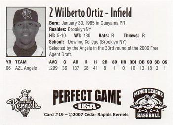 2007 Perfect Game Cedar Rapids Kernels #19 Wilberto Ortiz Back