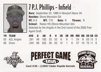 2007 Perfect Game Cedar Rapids Kernels #20 P.J. Phillips Back