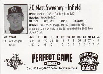 2007 Perfect Game Cedar Rapids Kernels #21 Matt Sweeney Back