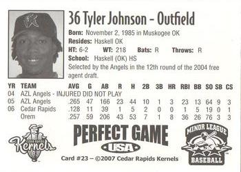 2007 Perfect Game Cedar Rapids Kernels #23 Tyler Johnson Back