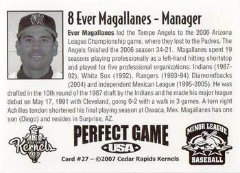 2007 Perfect Game Cedar Rapids Kernels #27 Ever Magallanes Back