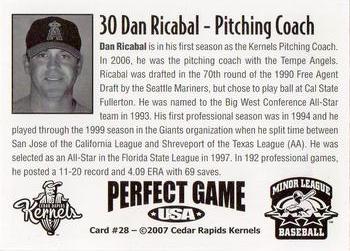 2007 Perfect Game Cedar Rapids Kernels #28 Dan Ricabal Back