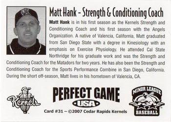 2007 Perfect Game Cedar Rapids Kernels #31 Matt Hank Back