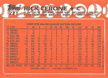1988 Topps Traded #27T Rick Cerone Back