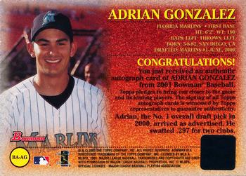 2001 Bowman - Autographs #BA-AG Adrian Gonzalez  Back
