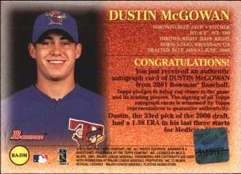 2001 Bowman - Autographs #BA-DM Dustin McGowan  Back