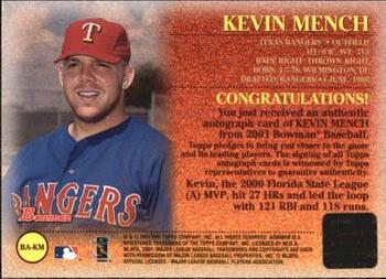 2001 Bowman - Autographs #BA-KM Kevin Mench  Back