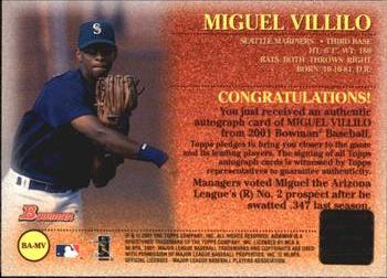 2001 Bowman - Autographs #BA-MV Miguel Villilo  Back