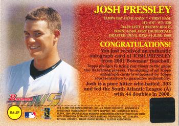 2001 Bowman - Autographs #BA-JP Josh Pressley  Back