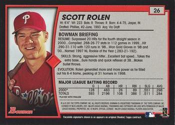 2001 Bowman - Gold #26 Scott Rolen Back