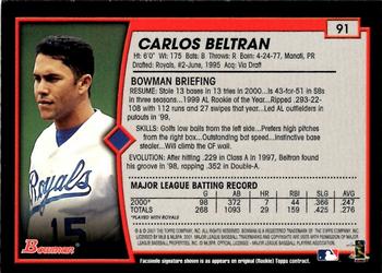 2001 Bowman - Gold #91 Carlos Beltran Back