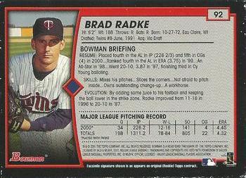 2001 Bowman - Gold #92 Brad Radke Back