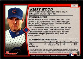 2001 Bowman - Gold #101 Kerry Wood Back