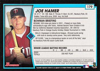 2001 Bowman - Gold #179 Joe Hamer Back