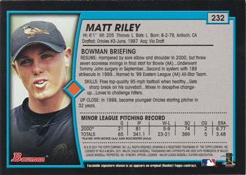 2001 Bowman - Gold #232 Matt Riley Back