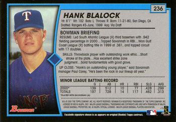 2001 Bowman - Gold #236 Hank Blalock Back