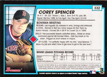 2001 Bowman - Gold #332 Corey Spencer Back