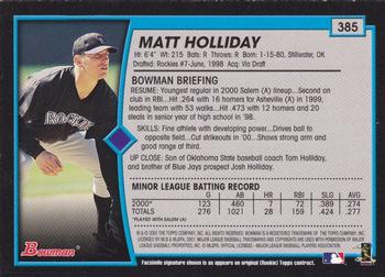 2001 Bowman - Gold #385 Matt Holliday Back