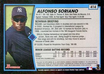 2001 Bowman - Gold #414 Alfonso Soriano Back