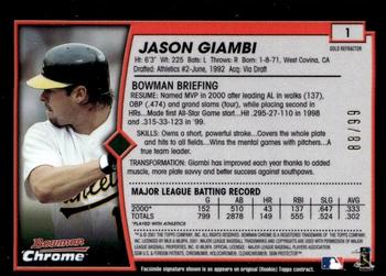 2001 Bowman Chrome - Gold Refractors #1 Jason Giambi  Back