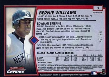 2001 Bowman Chrome - Gold Refractors #3 Bernie Williams  Back