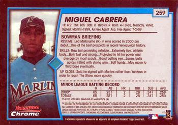 2001 Bowman Chrome - Gold Refractors #259 Miguel Cabrera  Back