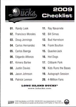 2009 Choice Long Island Ducks 10th Anniversary All-Time Team #NNO Checklist Back