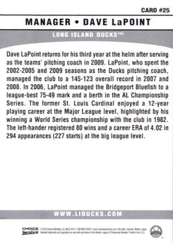 2010 Choice Long Island Ducks #25 Dave LaPoint Back