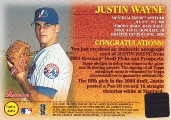 2001 Bowman Draft Picks & Prospects - Autographs #BDPA-JMW Justin Wayne  Back