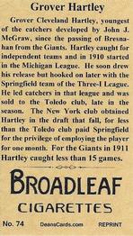 2014 Dean's Reprints Brown Backgrounds (T207) reprint #74 Grover Hartley Back