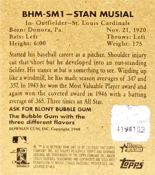 2001 Bowman Heritage - 1948 Reprints Relics #BHM-SM1 Stan Musial Back
