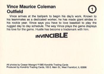 1985 Kondritz Invincible Vince Coleman (unlicensed) #1 Vince Coleman Back