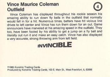 1985 Kondritz Invincible Vince Coleman (unlicensed) #4 Vince Coleman Back