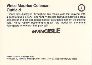1985 Kondritz Invincible Vince Coleman (unlicensed) #7 Vince Coleman Back