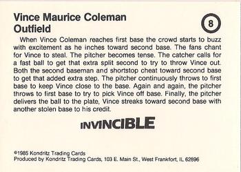 1985 Kondritz Invincible Vince Coleman (unlicensed) #8 Vince Coleman Back