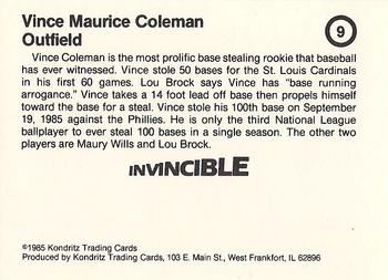 1985 Kondritz Invincible Vince Coleman (unlicensed) #9 Vince Coleman Back