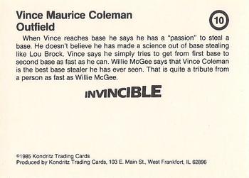 1985 Kondritz Invincible Vince Coleman (unlicensed) #10 Vince Coleman Back