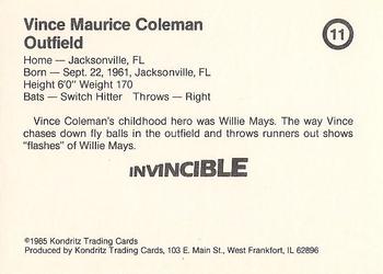 1985 Kondritz Invincible Vince Coleman (unlicensed) #11 Vince Coleman Back