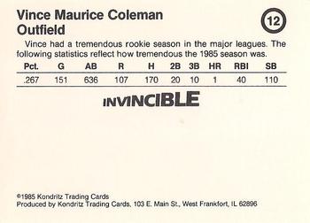 1985 Kondritz Invincible Vince Coleman (unlicensed) #12 Vince Coleman Back