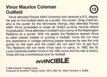 1985 Kondritz Invincible Vince Coleman (unlicensed) #13 Vince Coleman Back