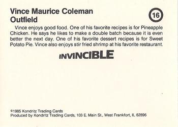 1985 Kondritz Invincible Vince Coleman (unlicensed) #16 Vince Coleman Back