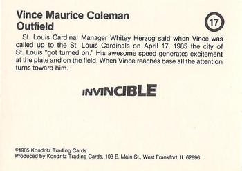 1985 Kondritz Invincible Vince Coleman (unlicensed) #17 Vince Coleman Back