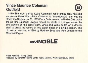 1985 Kondritz Invincible Vince Coleman (unlicensed) #18 Vince Coleman Back
