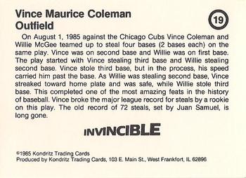 1985 Kondritz Invincible Vince Coleman (unlicensed) #19 Vince Coleman Back