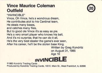 1985 Kondritz Invincible Vince Coleman (unlicensed) #20 Vince Coleman Back