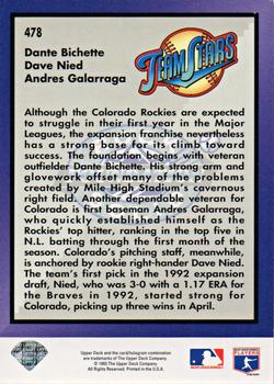1993 Upper Deck Colorado Rockies #478 Rock Solid Foundation (Dante Bichette / Dave Nied / Andres Galarraga) Back