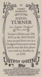 2016 Topps Gypsy Queen - Mini Red #192 Justin Turner Back