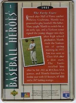 1995 Upper Deck Baseball Heroes Mickey Mantle 8-Card Tin #1 1951 - The Early Years Back