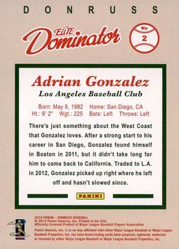 2014 Donruss - Elite Dominator Series 2 #2 Adrian Gonzalez Back
